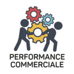 Pictogramme de deux hommes portant des engrenages avec baseline performance commerciale